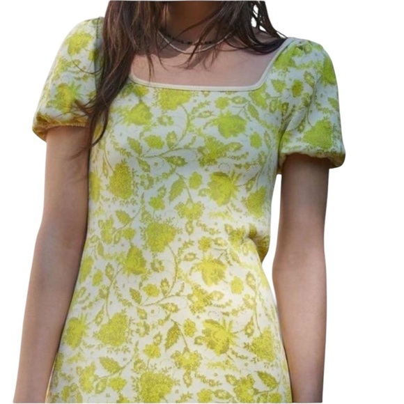 Zara Jacquard Knit Floral Puff Sleeve Mini Dress Citrus Yellow Green Size S - Picture 11 of 13